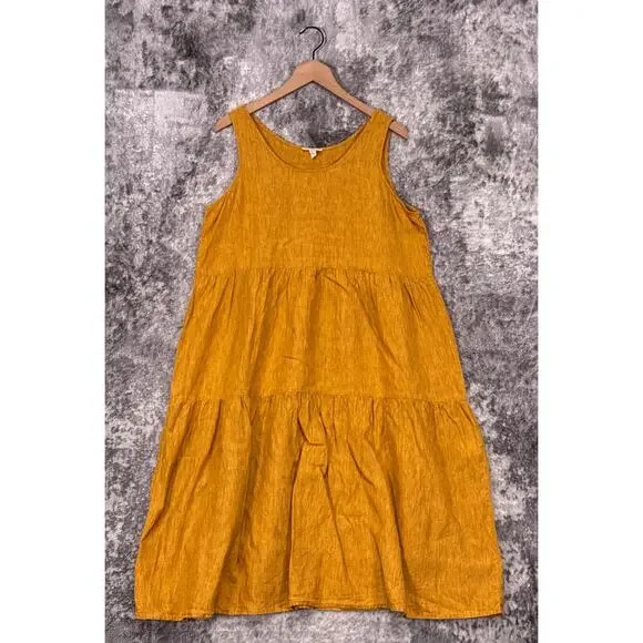 Eileen Fisher | Dresses | Eileen Fisher Dress Large Womens Yellow Gold Linen  Sleeveless Tiered Midi | Poshmark